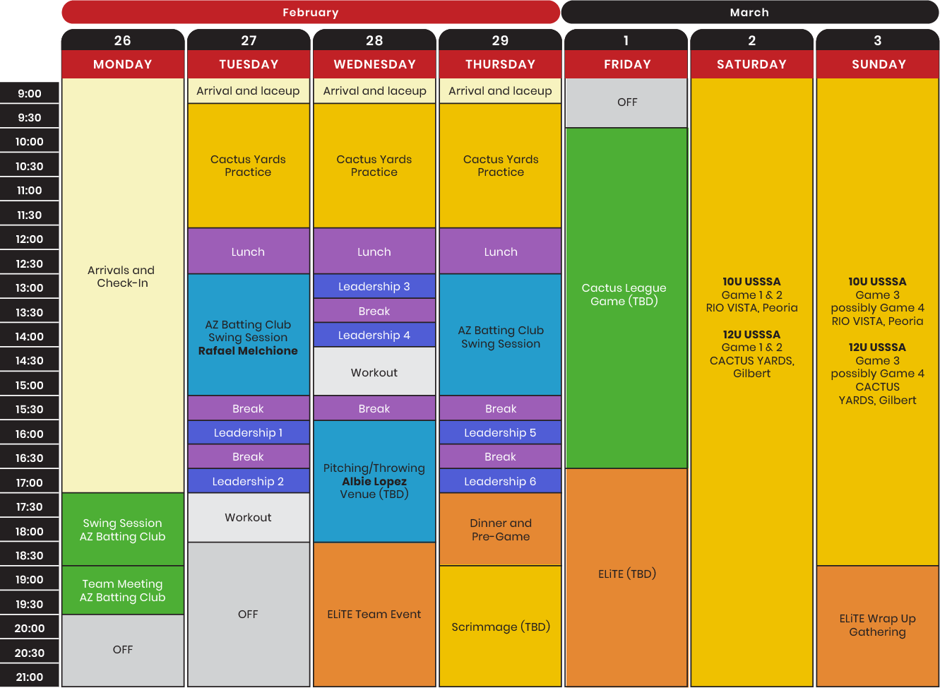 Visual of schedule for the week of Spring Training